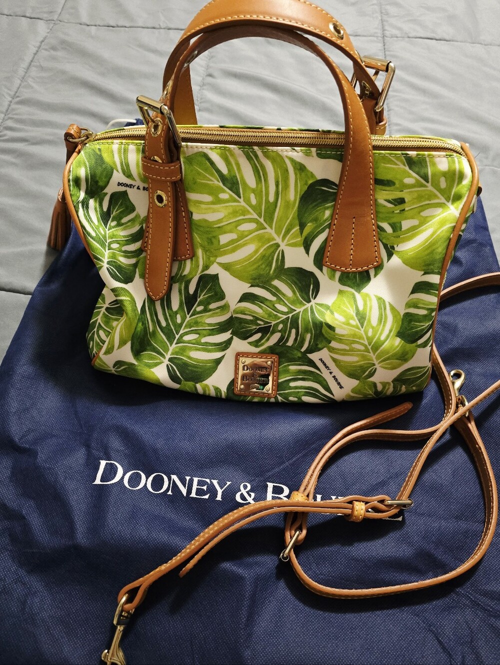 Dooney & Bourke Monstera Satchel Handbag Purse Green White Brown Leaf Tropical